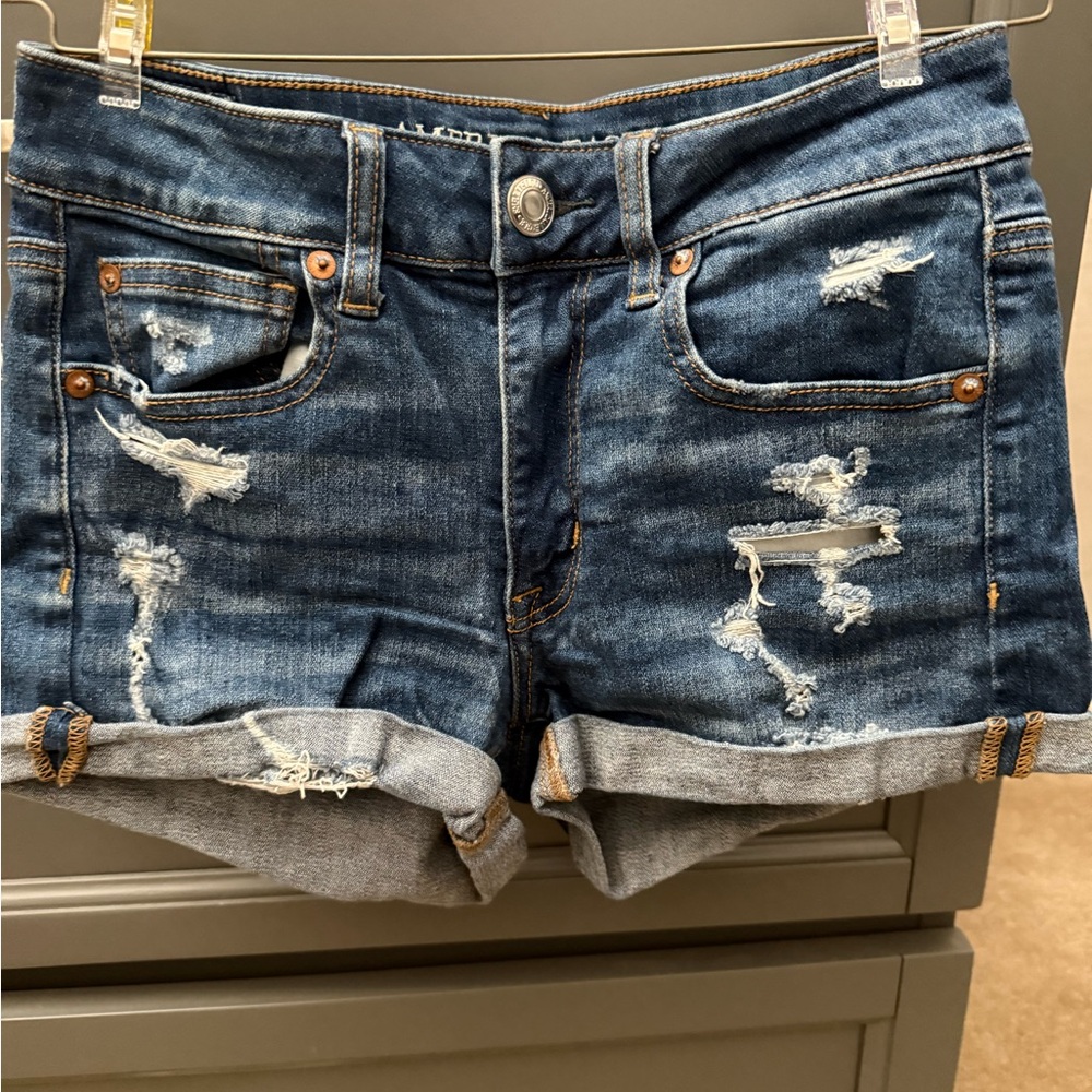 American Eagle Outfitters Dark Blue Distressed Jean Shorts